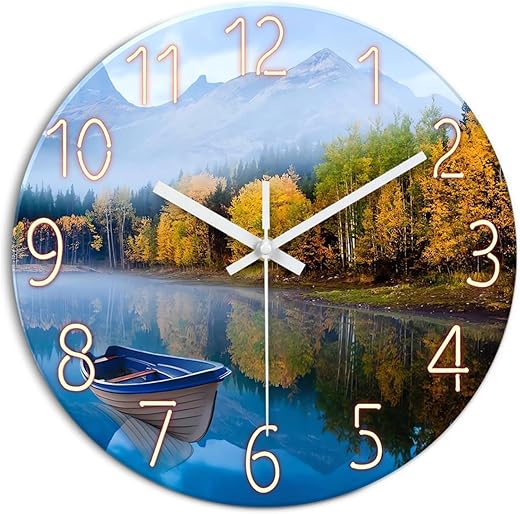XFM Natural Landscape Wall Clock Silent Non-Ticking Battery Operated Glass Decorative Clocks 12 Inch Lake Boat Mountain Round Clock for Living Room Kitchen Bedroom Office