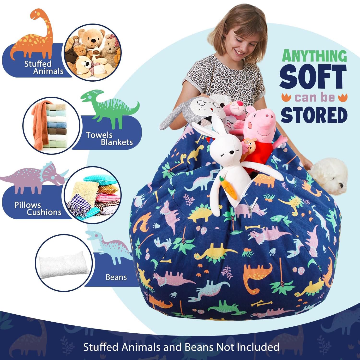 Puf de Peluche, Bolsa Almacenamiento Juguetes Felpa, Bolsa Frijoles Lona, Puff Almacenamiento Animales Peluche, Cómodo Suave Ahorra Espacio, para Que Los Lean (22in, Dinosaurio de dibujos animados)
