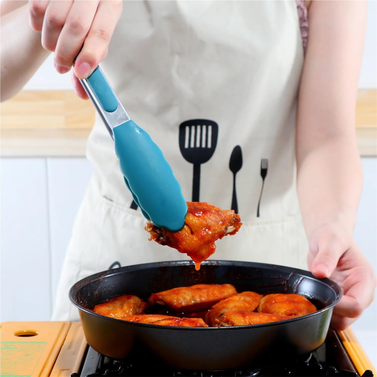 Espátula de silicona azul, cuchara, pinzas, utensilios, sopera resistente al calor, espátula antiadherente, pala con mango madera, herramienta cocina(Oil brush)
