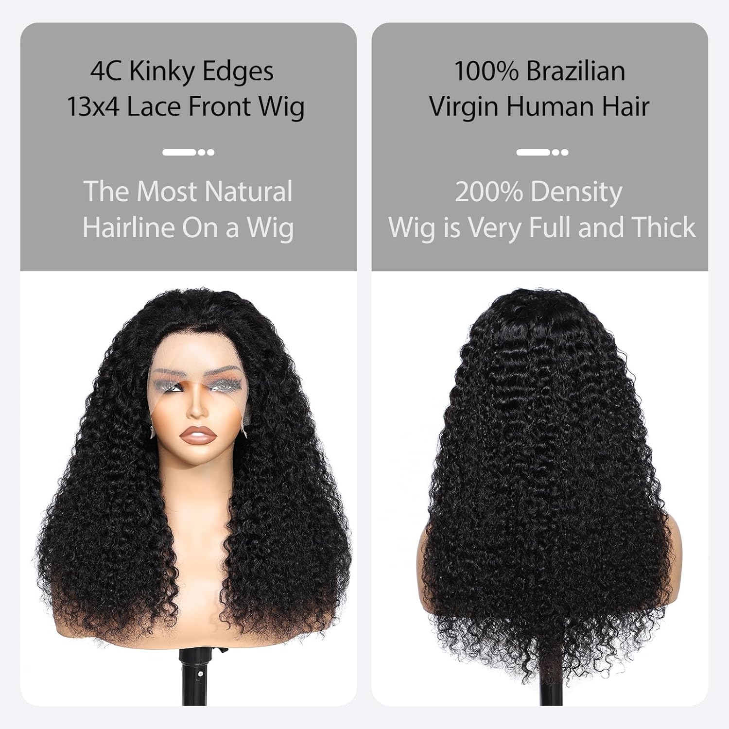 4C Edges Kinky Curly Lace Front Wigs Human Hair 200% Density Deep Wave Curly Wig Pre-Plucked Hairline 13x4 HD Transparent Lace Frontal Wigs With Curly Edges Baby Hair（16 Inch Natural Black）