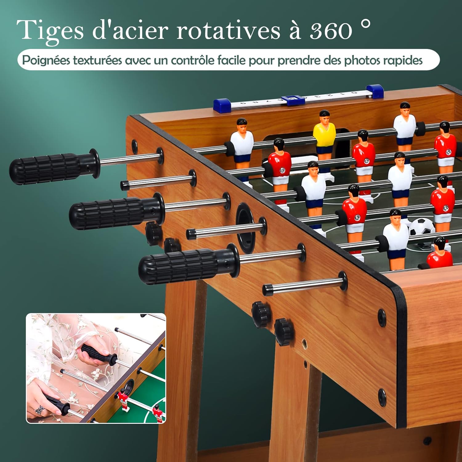 Close-up of the foosball table showing 360-degree rotating steel rods and textured handles for quick shots.