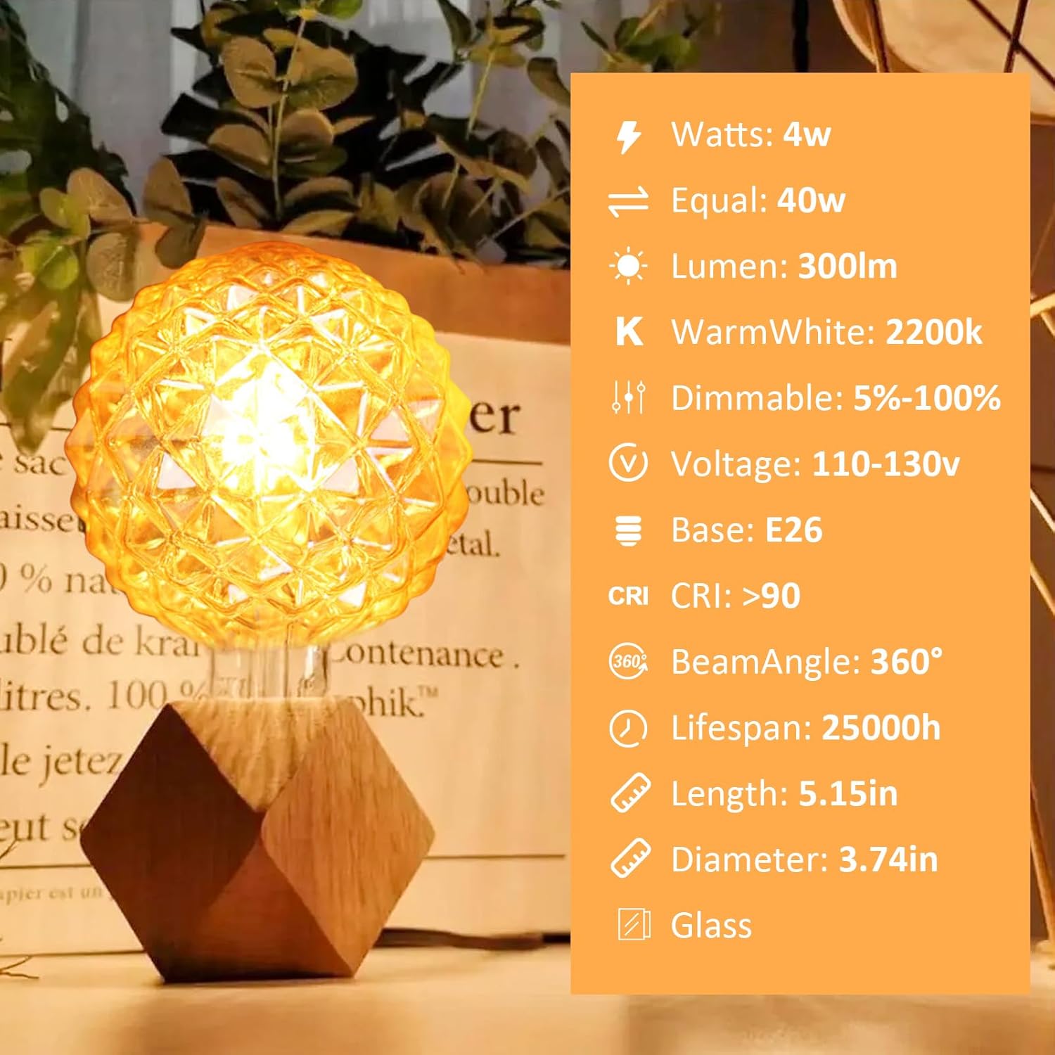 G95/G30 Larger Decorative LED Light Bulb 4W Equivalent E26 Bulb 40 watt,Vintage Edison Globe Bulbs Pineapple Shaped,Warm White 2200K Amber E26 Edison Bulb dimmable,AC120V,2 Pack