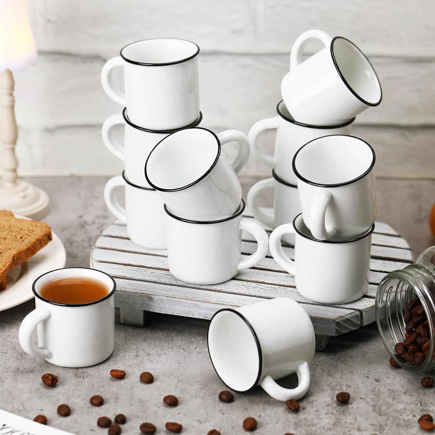 Uiifan 12 Pcs Ceramic White Coffee Mugs Bulk Vintage Espresso Mug Mini Tea Cups for Home Travel with Handle DIY Cups for Tea, Coffee, Juice, Hot Chocolate (2.36 oz)