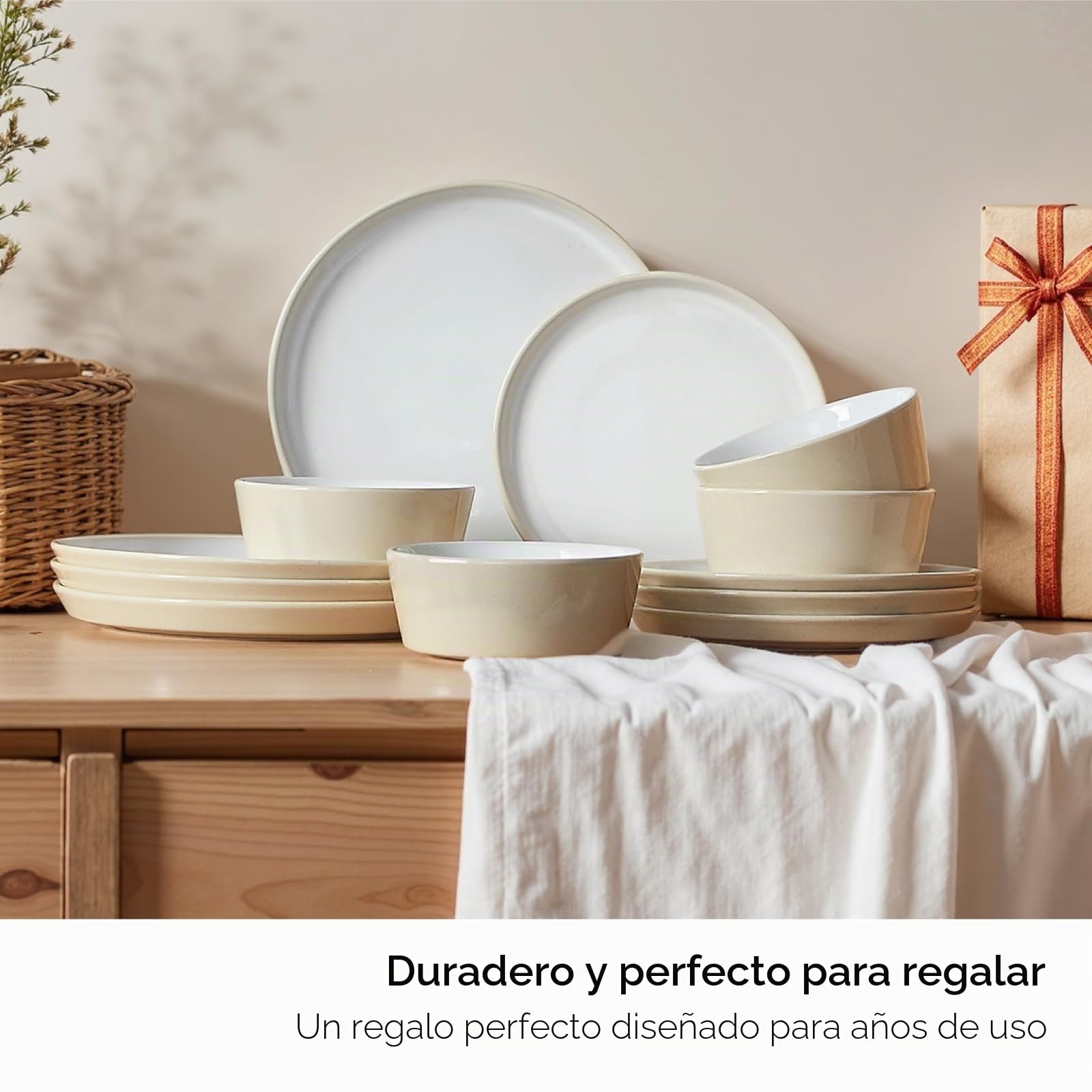 Juego de vajilla para 4 personas, 12 piezas de gres, juego de vajilla moderno, juego de cuencos y platos, 4 platos llanos, 4 platos de postre, 4 cuencos de cereales, diseño rústico de granja, beige