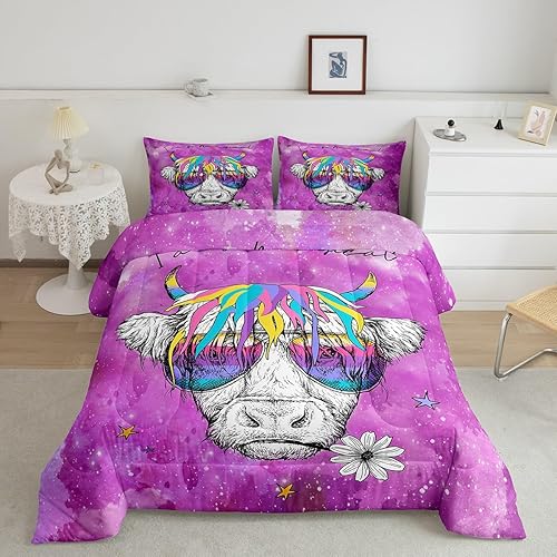 Erosebridal Juego de edredón de ganado de las tierras altas, juego de ropa de cama de cielo estrellado para niñas, tamaño King, juegos de edredón de