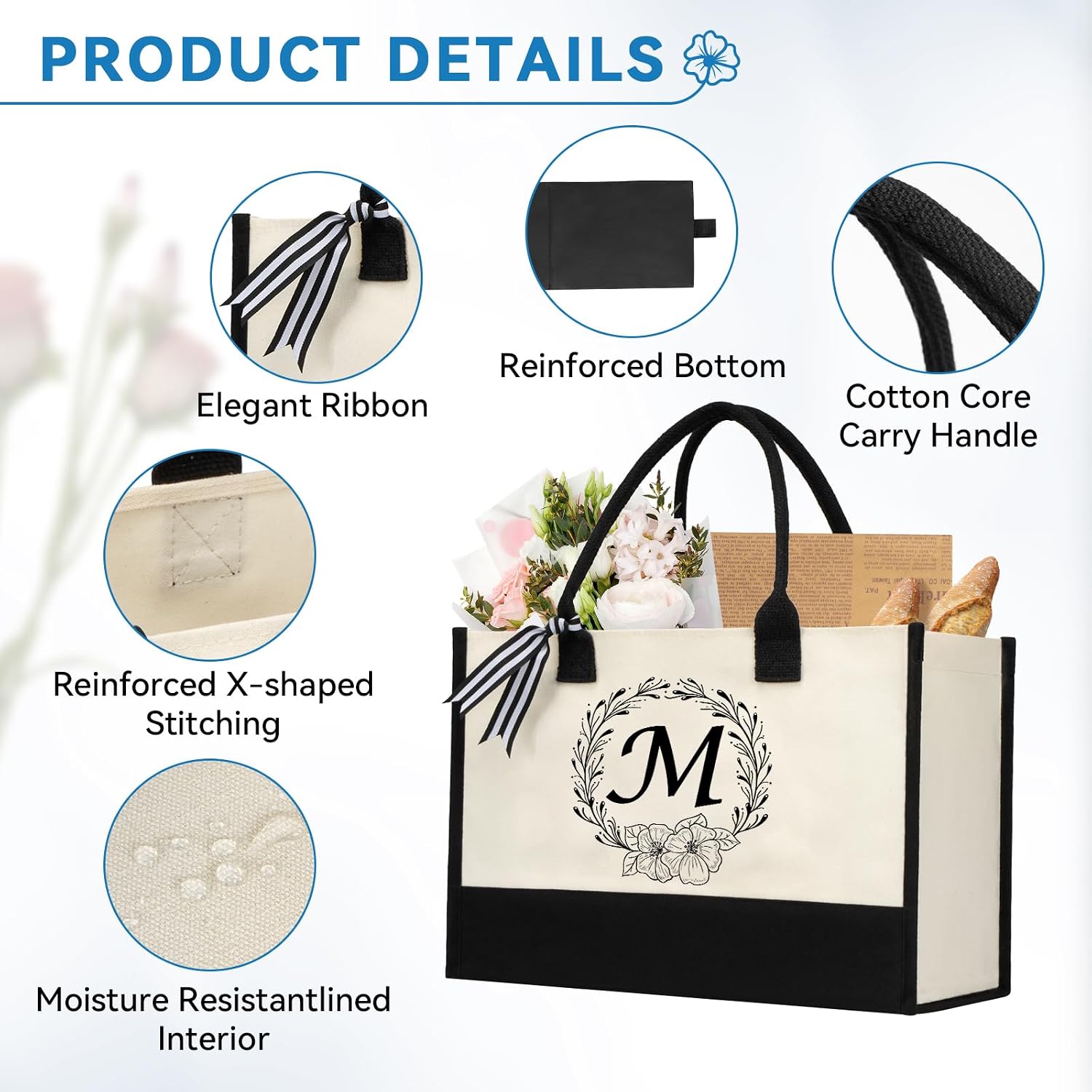 Personalized Initial Canvas Tote Bag, Beach Bags for Women Birthday Gifts, Wedding Gift for Mom Teachers Friends Nurse