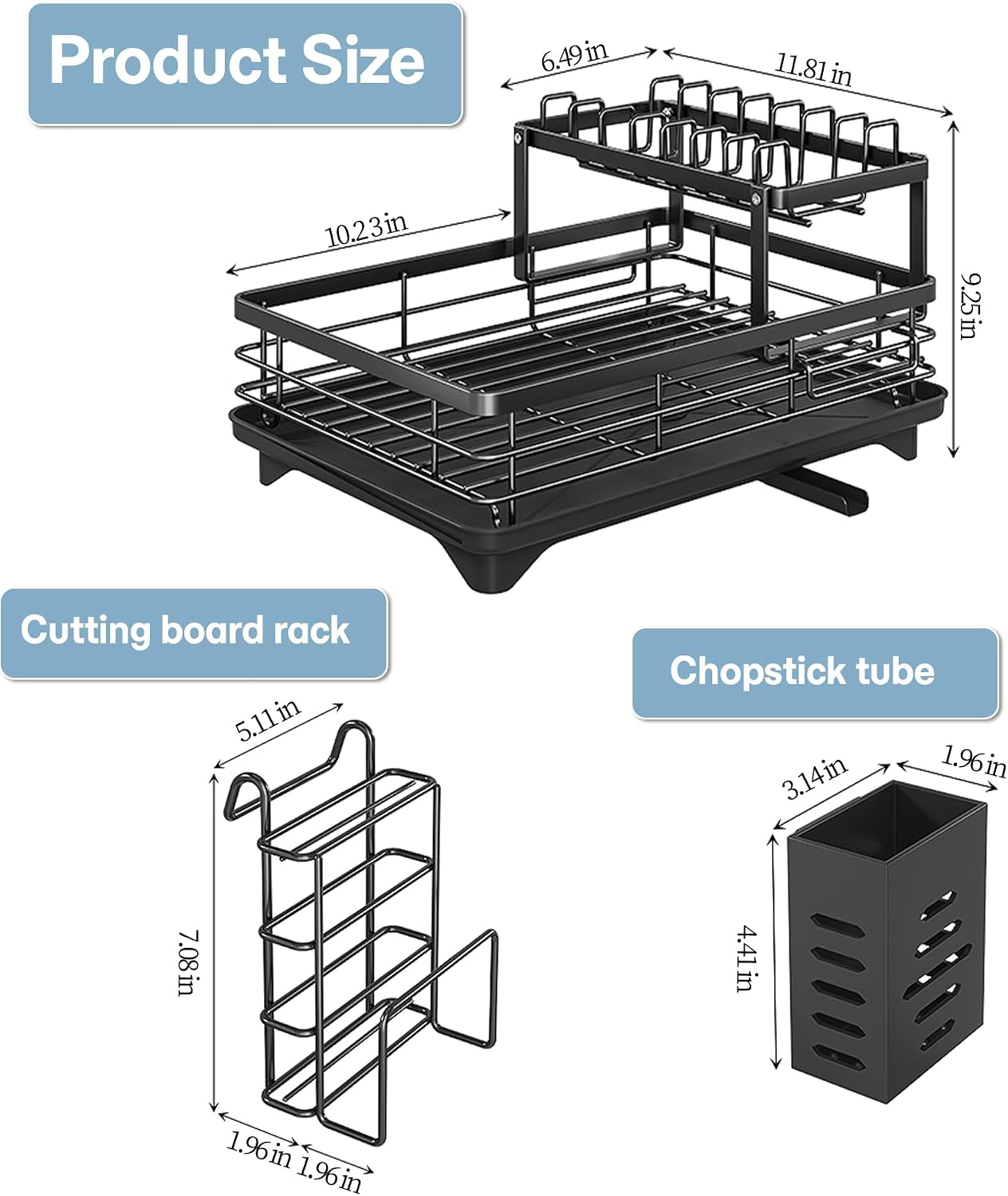 Carbon Steel 2-Tier Dish Drying Rack – Space Saving Kitchen Counter Organizer with Utensil Holder, Rust-Resistant Self-Draining for Small Kitchen, Minimalist & Sturdy Plate Rack