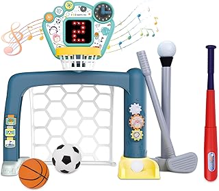 4 in 1 Adjustable Basketball Hoop Soccer Goal for Toddlers 1-3,Kids Sports Toys with Golf Baseball Toy,LED Scoreboard, Mus...