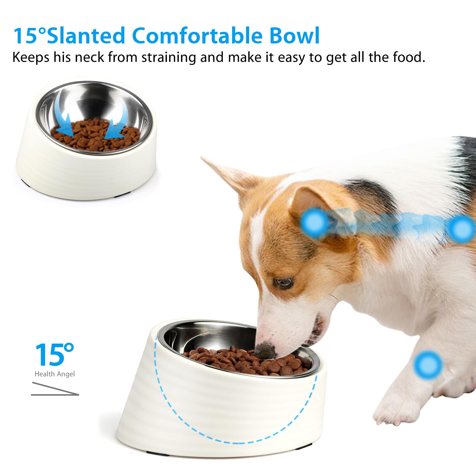 Uppetly Cuenco inclinado de acero inoxidable inclinado de 15° para perros y gatos, comedero antideslizante y antiderrames, con soporte de melamina desmontable elevado, plato fácil de conseguir,