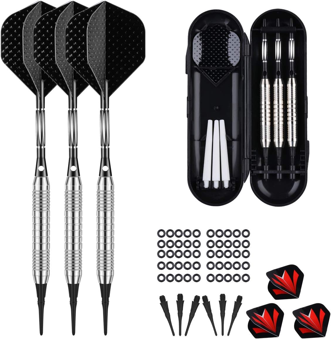 sanfeng Darts with Plastic Tip for Electronic Dartboard 18 Grams, Professional Soft Darts, 3 Darts 6 Flights 50 Anti-Loose Rubber Rings 30 Tips