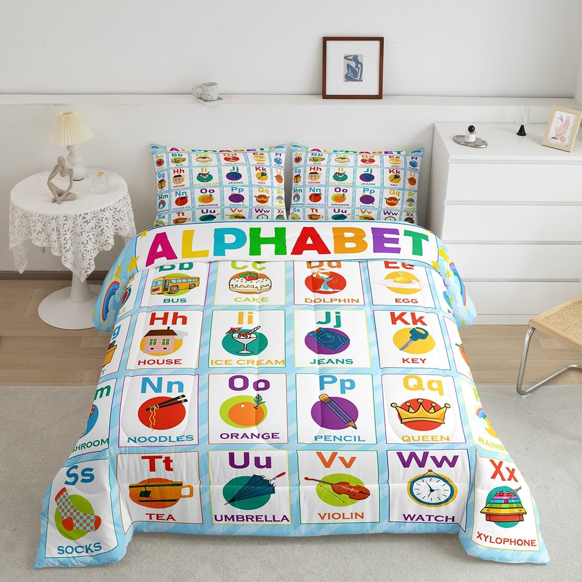 Homemissing Alphabet Bedding Set King Size,ABC Alphabet Down Comforter Kids Toddler Learning Time Down Comforter Set Educational Learning Duvet Insert/Quilt Set Microfiber Bed Set — image 1