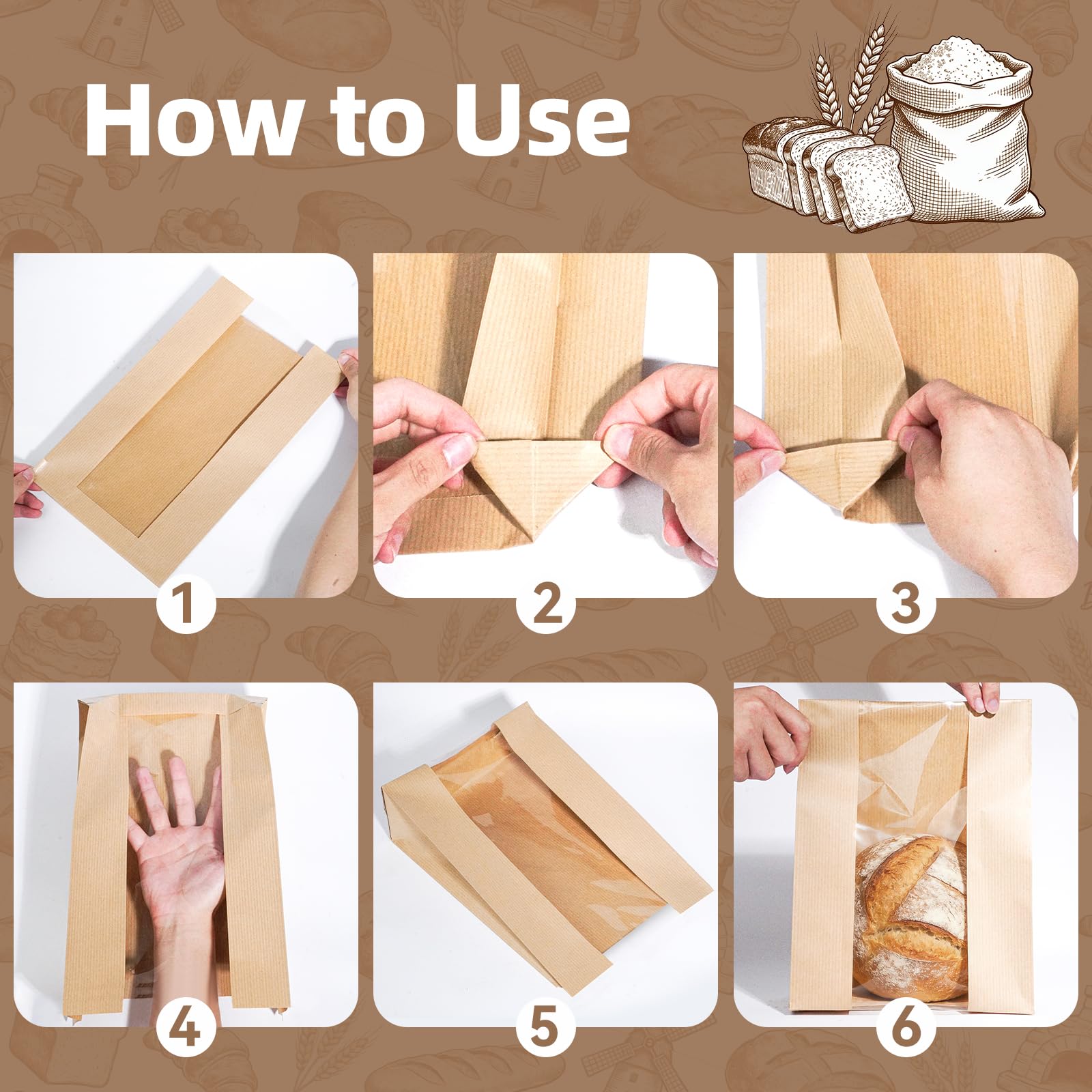 Funcoo Paquete de 100 bolsas de papel kraft para pan, embalaje de alimentos, bolsa de panadería con ventana frontal, etiqueta adhesiva incluida (14 x 8.3 x 3.5 pulgadas)
