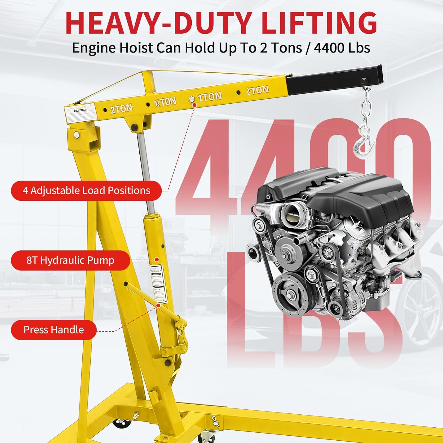 2-Ton Folding Engine Hoist Cherry Picker 4400 Lb Capacity Hydraulic Shop Crane with Telescoping Boom 6 Caster Wheels for Automotive Repair Garage Use Includes Hitch and Storage Stand Yellow
