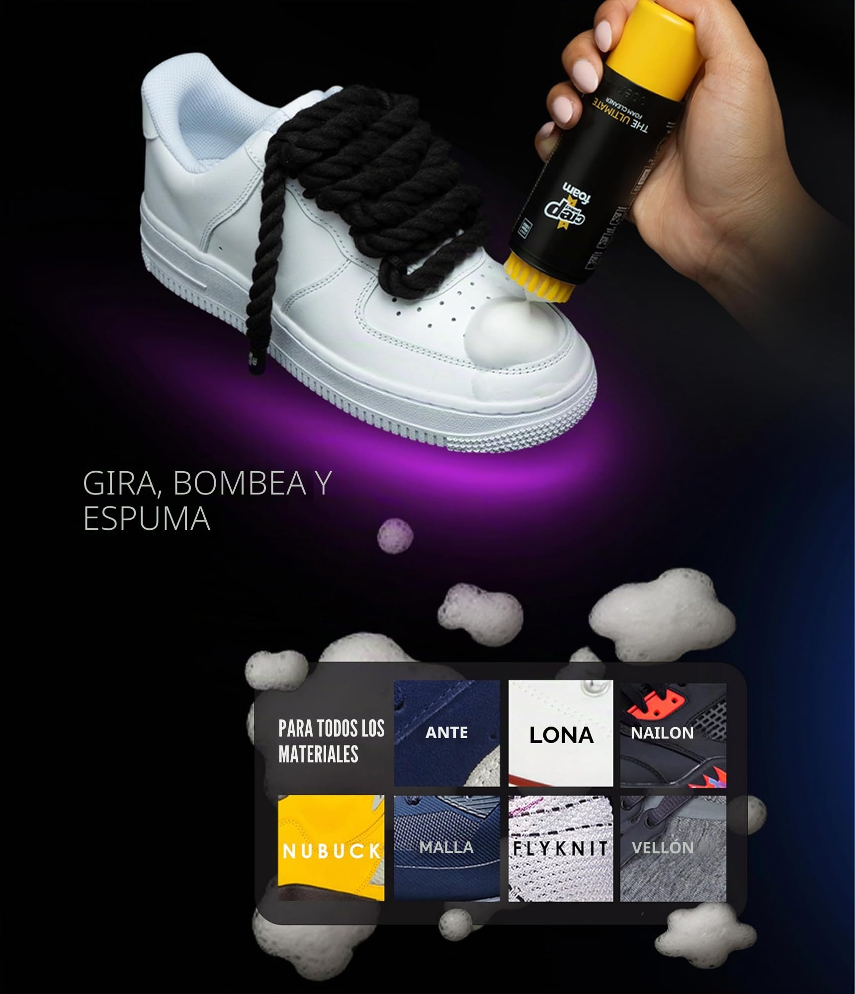 Crep Protect Foam Mini Limpiador de Zapatillas - Espuma Limpiadora para Sneakers con Cepillo Integrado y Paño de Microfibra - Limpieza Rápida Tamaño Viaje