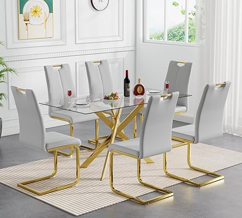 Miniatura 21 de Goujxcy Juego de mesa de comedor de cristal moderno para 6, juego de mesa y sillas de cocina de cristal plateado, juego de mesa de comedor de 7