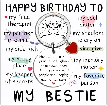 Happy Birthday Bestie Keychain Cute Bestie Birthday Gifts for Women Girls Funny Friendship Gifts for Best Friend BFF Soul Sister Classmate Unique Besties Gift Ideas