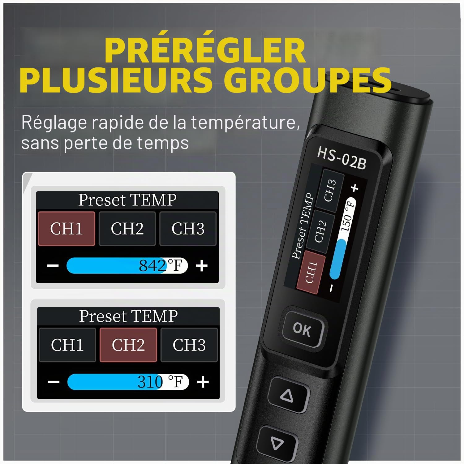 FNIRSI HS-02B Kit de fer à souder filaire portable 100 W, chauffage rapide 2S, 100 à 450 °C, 3 groupes de température préréglée, 3 pointes de soudure 210, stylo de fer à souder numérique intelligent