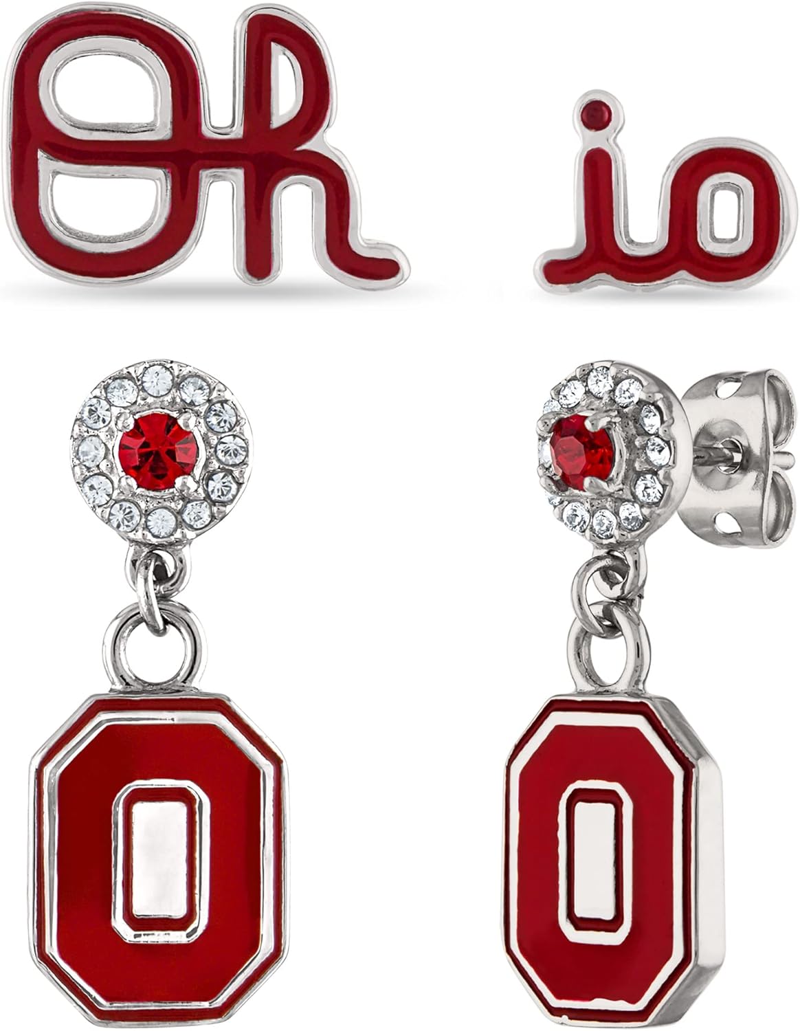 Stone Armory Ohio State University Earrings - Oh-io Stud & Block O Crystal Drop - Stainless Steel, Hypoallergenic, Sports Fan Earrings