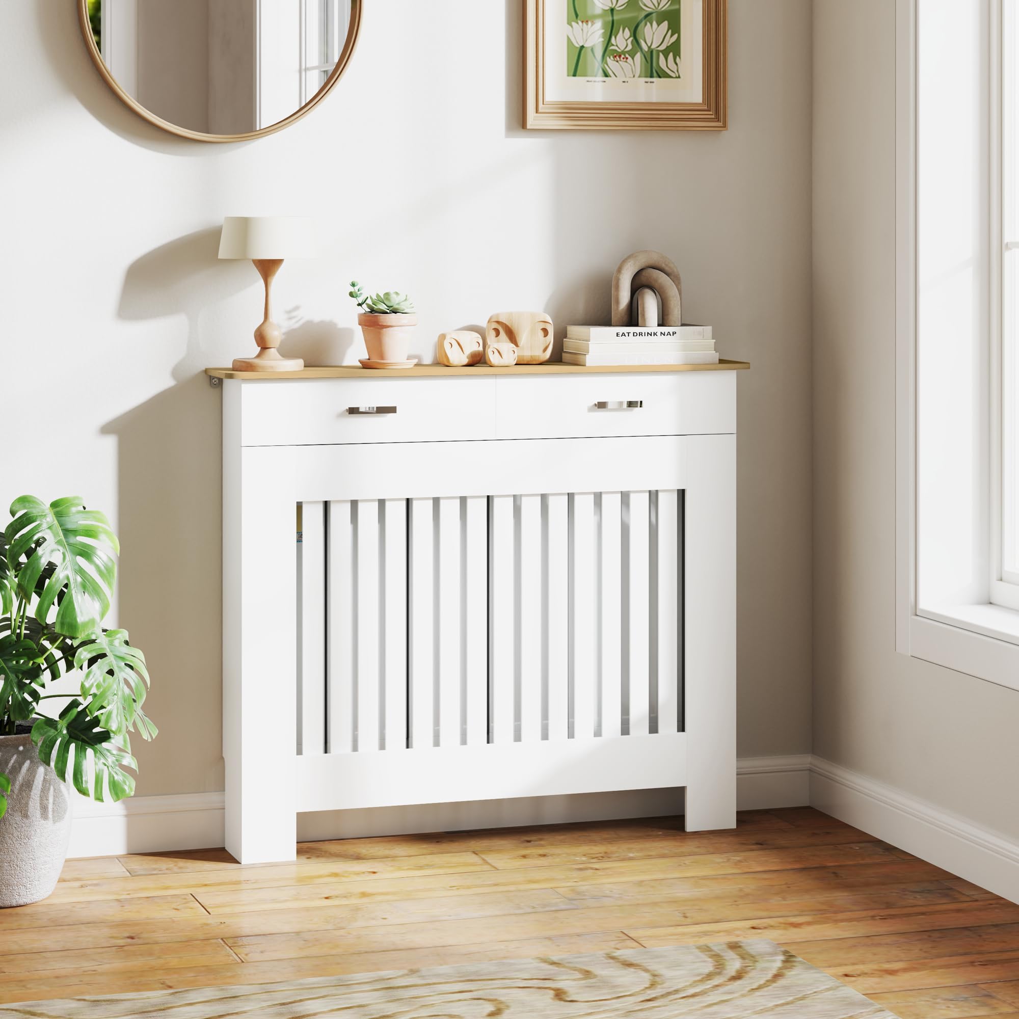 HOMCOM Cache-radiateur à lattes anti-inclinaison avec tiroir de rangement, Cache-radiateur en bois, 112x19x97 cm, Blanc