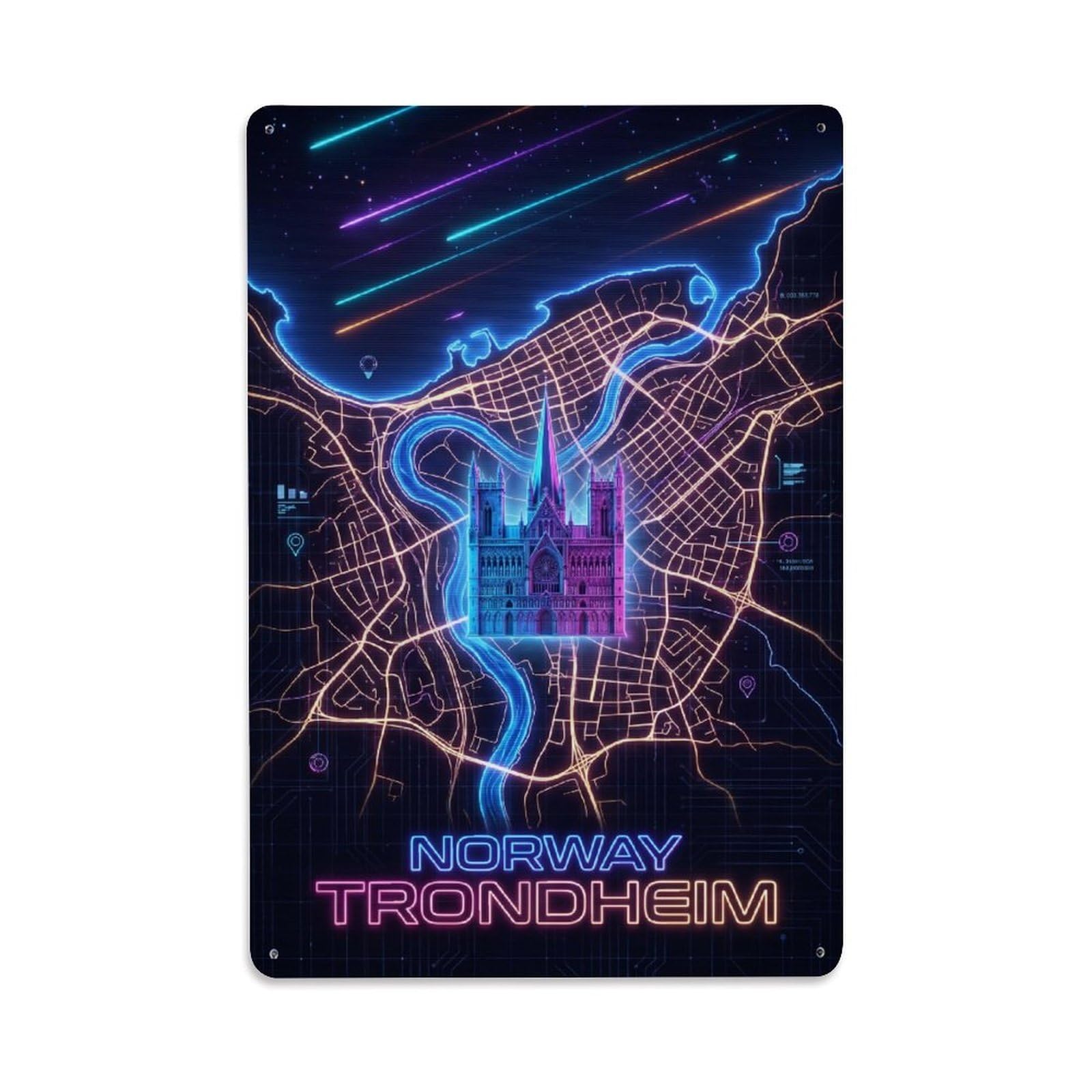 Trondheim Norway Futuristic City Cyber Synthwave Neon Map Metal Tin Sign Plaque Wall Decor for Cafe, Man Cave, Club Bar, Office, Home Garden Round Metal Poster 8x12Inch