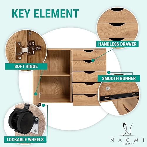 Miniatura 67 de Naomi Home Cómoda de 5 cajones para dormitorio, alta y elegante, con ruedas y estantes de almacenamiento, pequeña para guardarropa, para maquillaje,