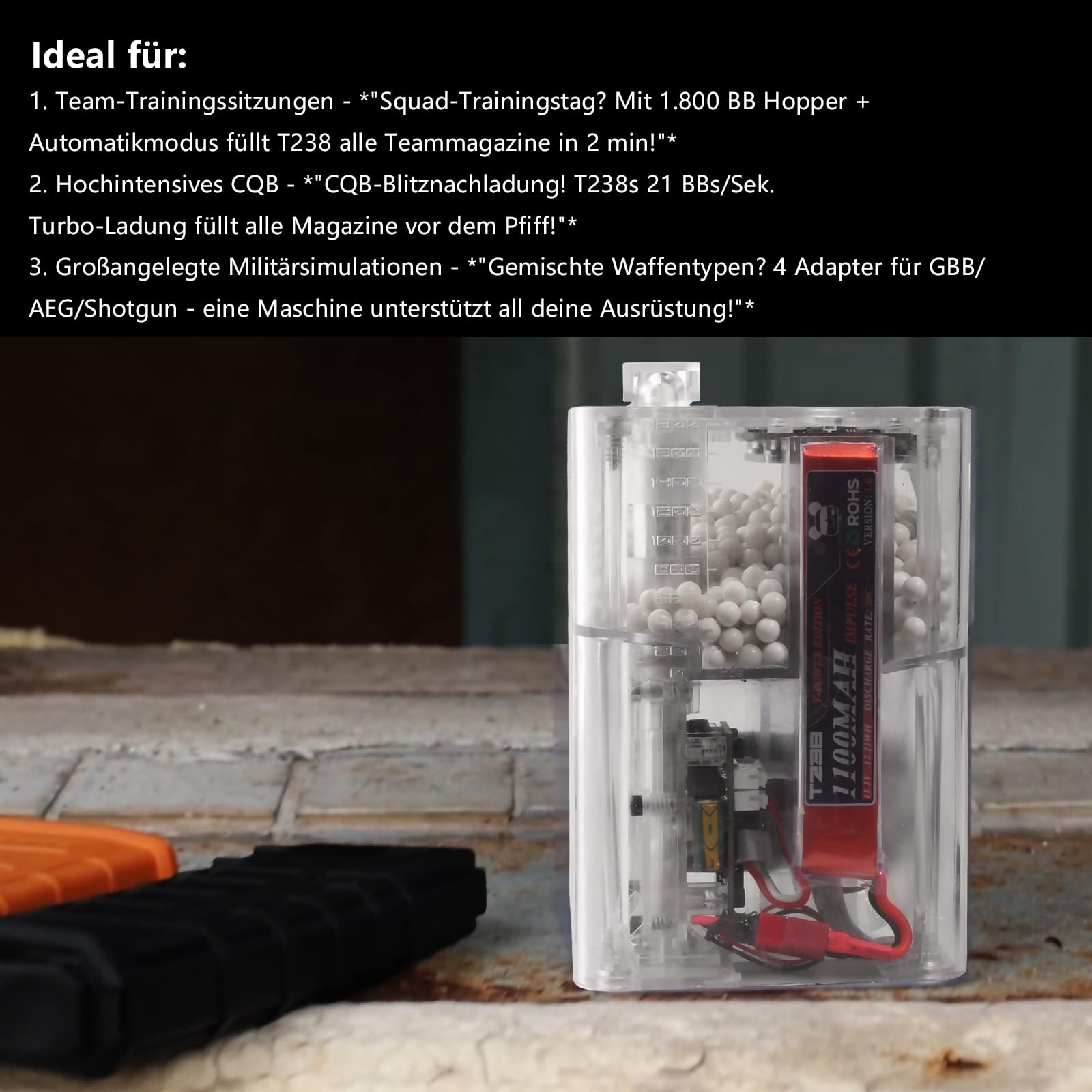 Elektrischer BB-Speedloader PRO Edition – Smarter automatischer Airsoft-Magazinlader, 21 BBS/s Hochgeschwindigkeit, OLED-Display, 1800 Schuss Kapazität, Blockierschutz inkl. 4 Adapter