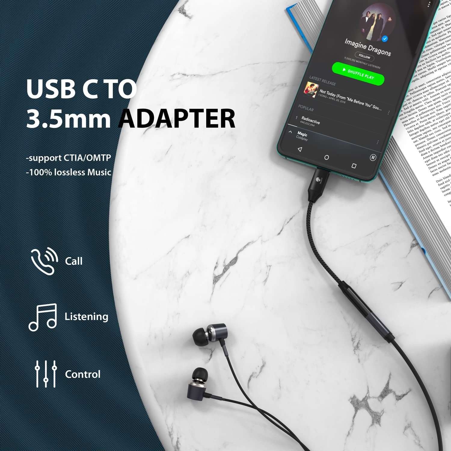 Stouchi USB C to 3.5mm Female Adapter, Type C Headphone Audio Jack Cable Cord Hi-Fi Dongle for Samsung Galaxy S22 S21 Ultra Z Flip Note 20,iPad Mini 6th, Pixel 7/6a/6 - Black
