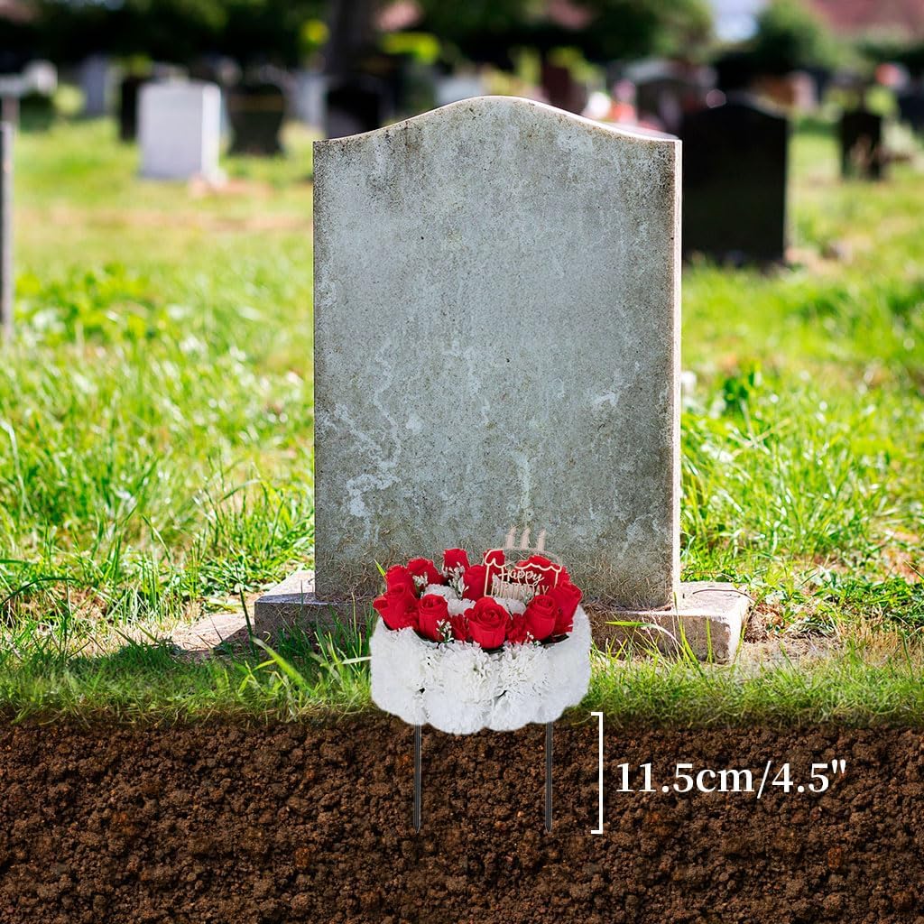 Silk Memorial Cake for Cemetery: Grave Decorations Handcrafted Fake Birthday Flowers Cake - Artificial Red Rose Gravesite Decor- Memorial Gifts for Loved Ones