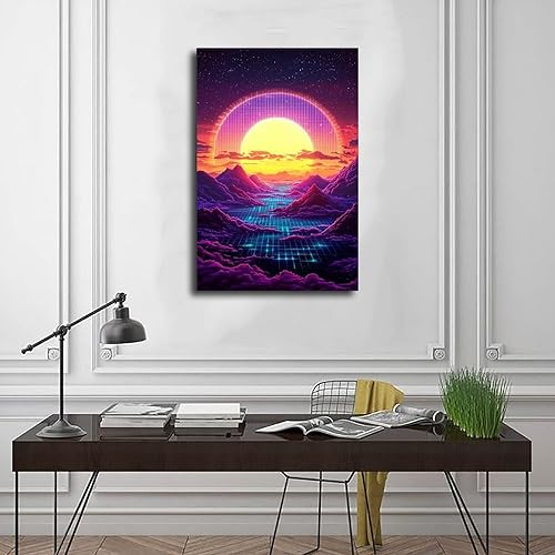 Miniatura 3 de Retro Futurism Sunset Wall Art Neon Synthwave Landscape Poster for Bedroom, Game Room, Living Room Decor Canvas Poster Wall Art Decor Print Picture