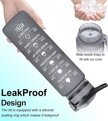 Miniatura 3 de Botella de agua deportiva motivacional a prueba de fugas de 32onzas con pajilla y marcador de tiempo, botella abatible duradera sin bisfenol A,