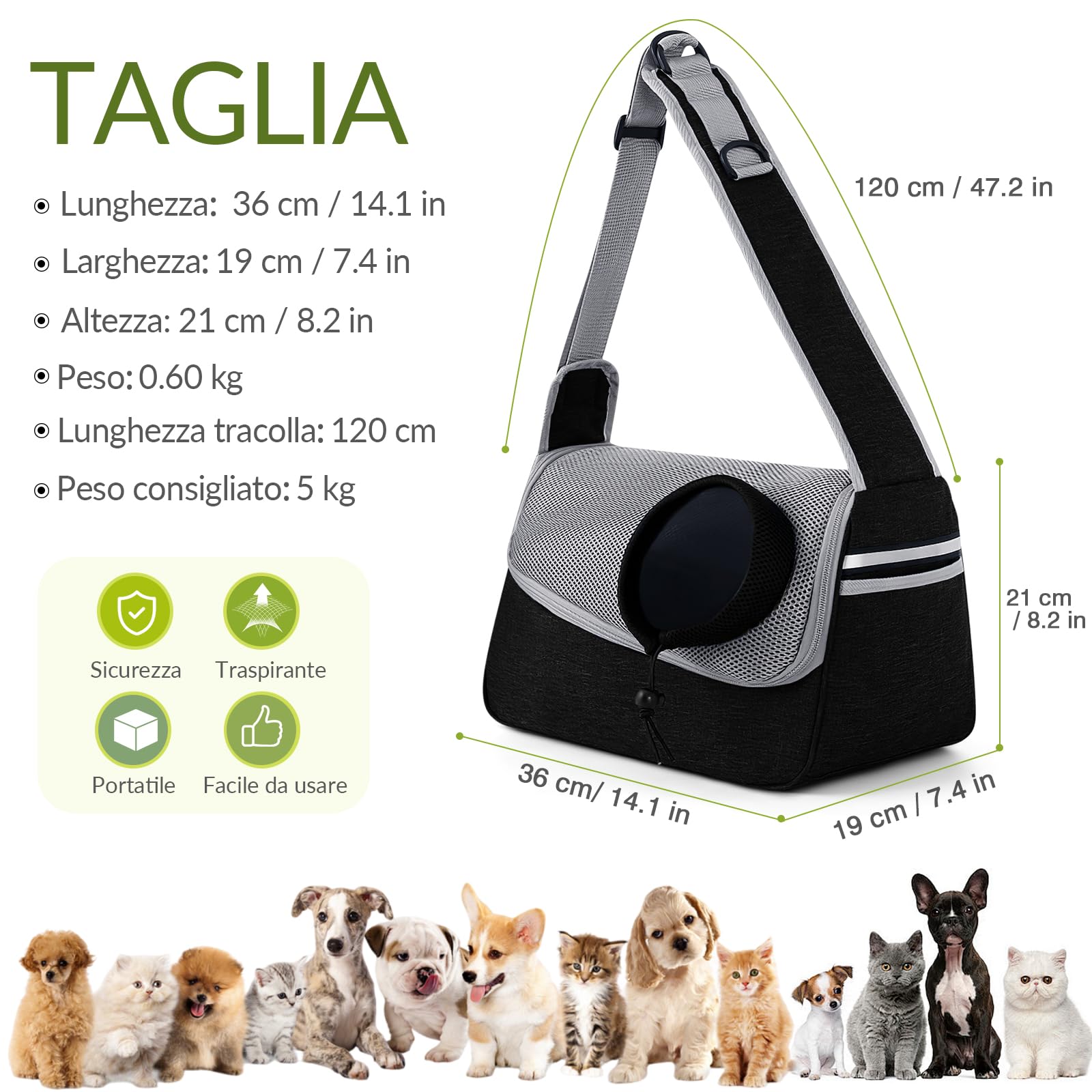 ALLSOPETS Borsa per Cani Piccoli e Gatti – Marsupio per Cani Traspirante per Cuccioli con Tracolla Regolabile e Tasca Laterale, Trasportino da Viaggio e Campeggio (Grigio Nero)