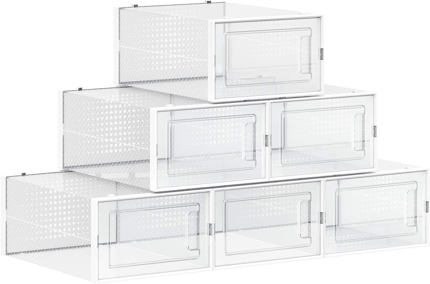 SONGMICS Shoe Boxes, Set of 6 Shoe Storage Organizers, Stackable and Foldable for Sneakers, Fit up to US Size 8.5, Transparent and White ULSP06SWT
