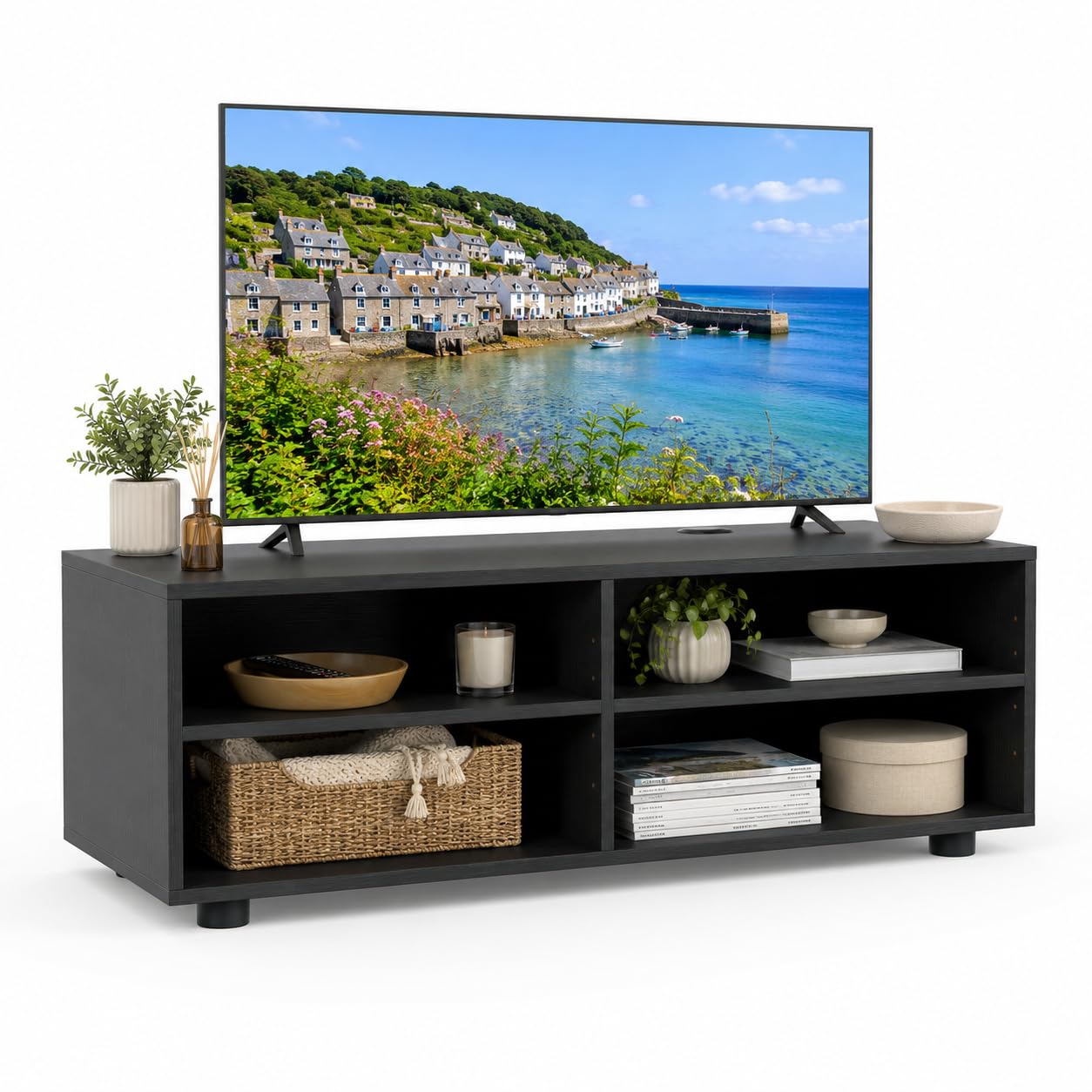 CASART TV Stand, 3-Tier Wooden TV Cabinet with Adjustable Shelves, Modern White TV Console Table Living Room Media Entertainment Center for TVs up to 40"/55" (Black, 4 Cubes-90 x 39 x 33cm)