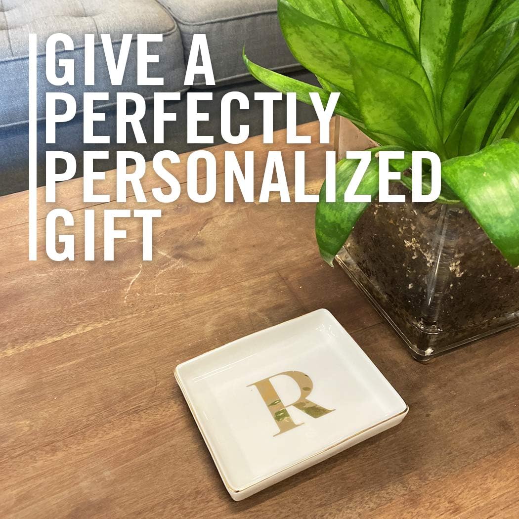 Simple Shine. Jewelry Tray Ring Dish with Initial Gift | Personalized Jewelry Dish and Trinket Dish with Gold Initials Key Bowl Ceramic Holder (Letter R)