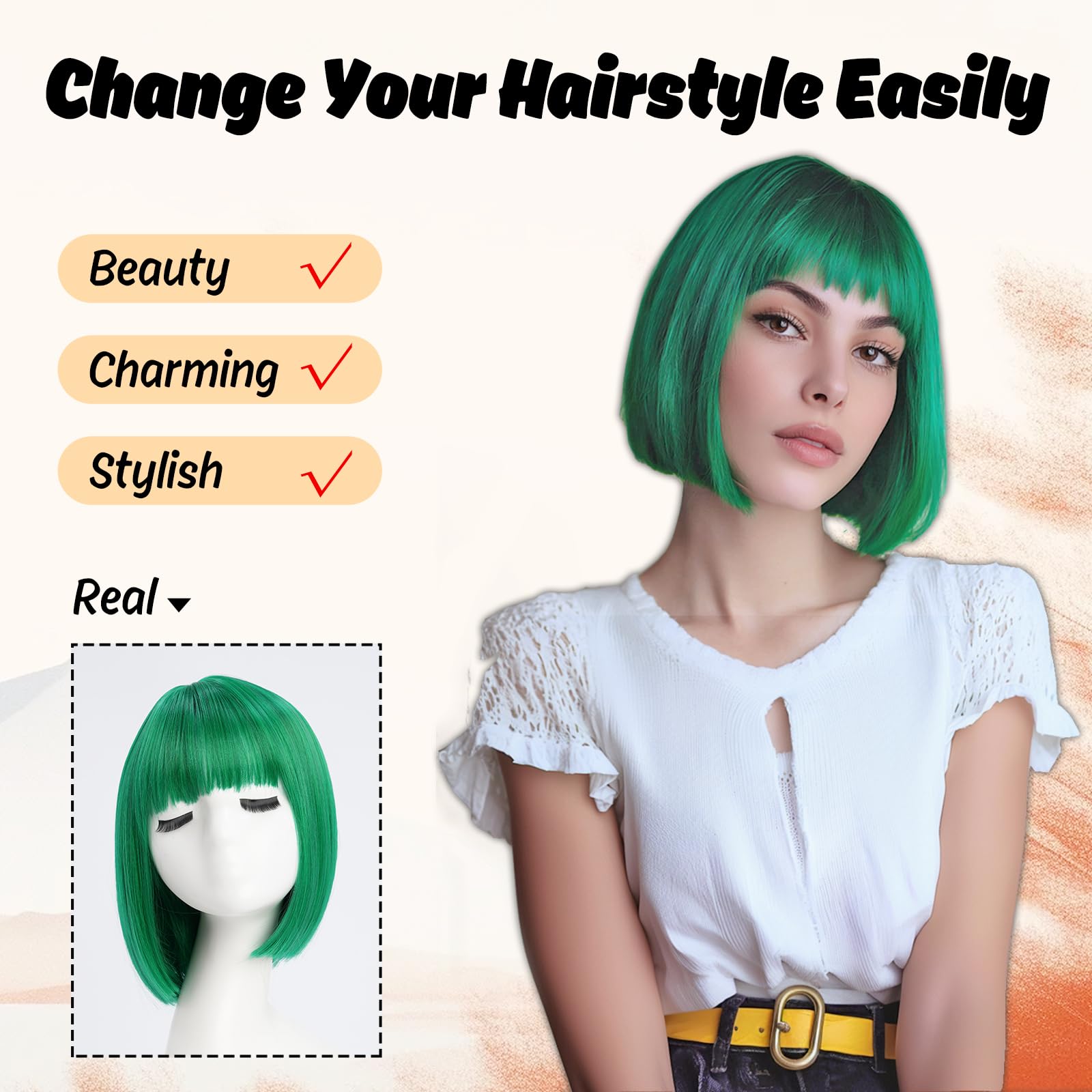 YaissmyLu Short Green Bob Wig with Bangs Straight Bob Wigs for Women Natural Looking Green Synthetic Hair Heat Resistant Fiber Colorful Wig for Costume Cosplay Party(10 inch) - Image 3