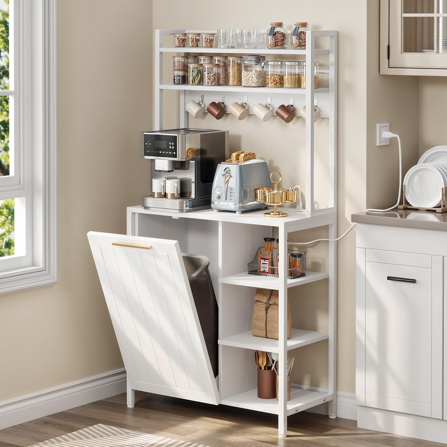 YITAHOME 4-Tier Kitchen Pantry Cabinet with Mini Fridge Space, Trash Can Storage & Power Outlet, Freestanding Storage Organizer for Microwave, Coffee Bar & Dining Room, White