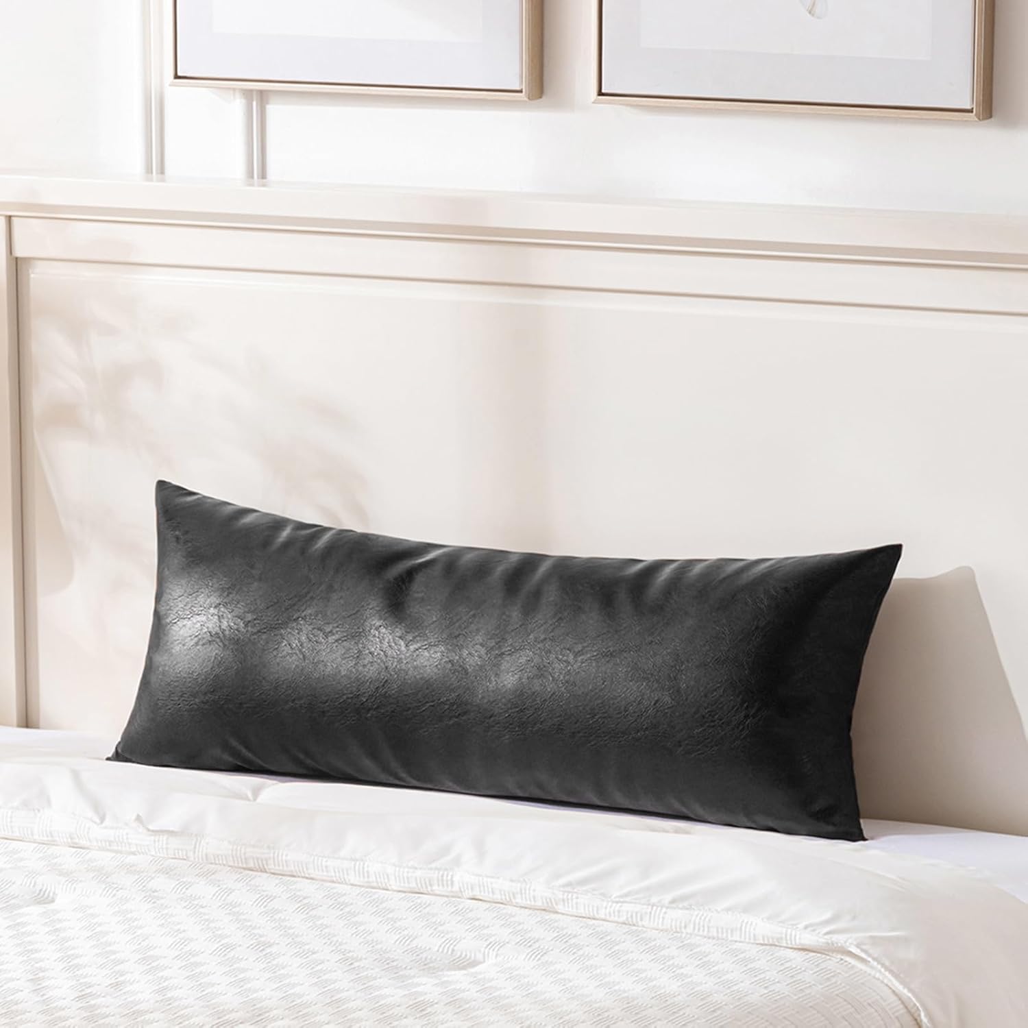 Fancy Homi Black Boho Long Lumbar Faux Leather Body Decorative Throw Pillow Cover 14x36 Inch for Bedroom Couch Bed Sofa Bench, Thick Stylish Solid Square PillowCase, Rustic Modern Farmhouse Room Decor
