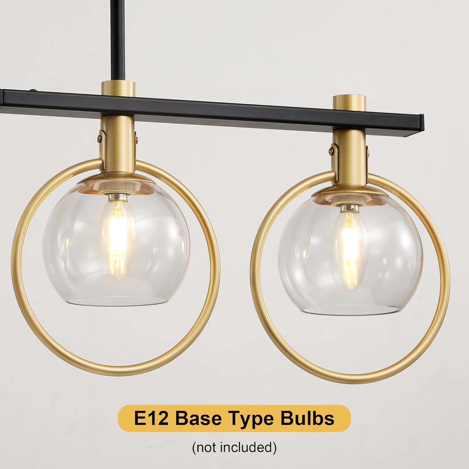 Gold Black Chandelier Modern Dining Room Light Fixture 4-Light Kitchen Island Lighting Hanging for Farmhouse Linear Chandeliers Mid Century Chandelier with Clear Glass Globe Shade