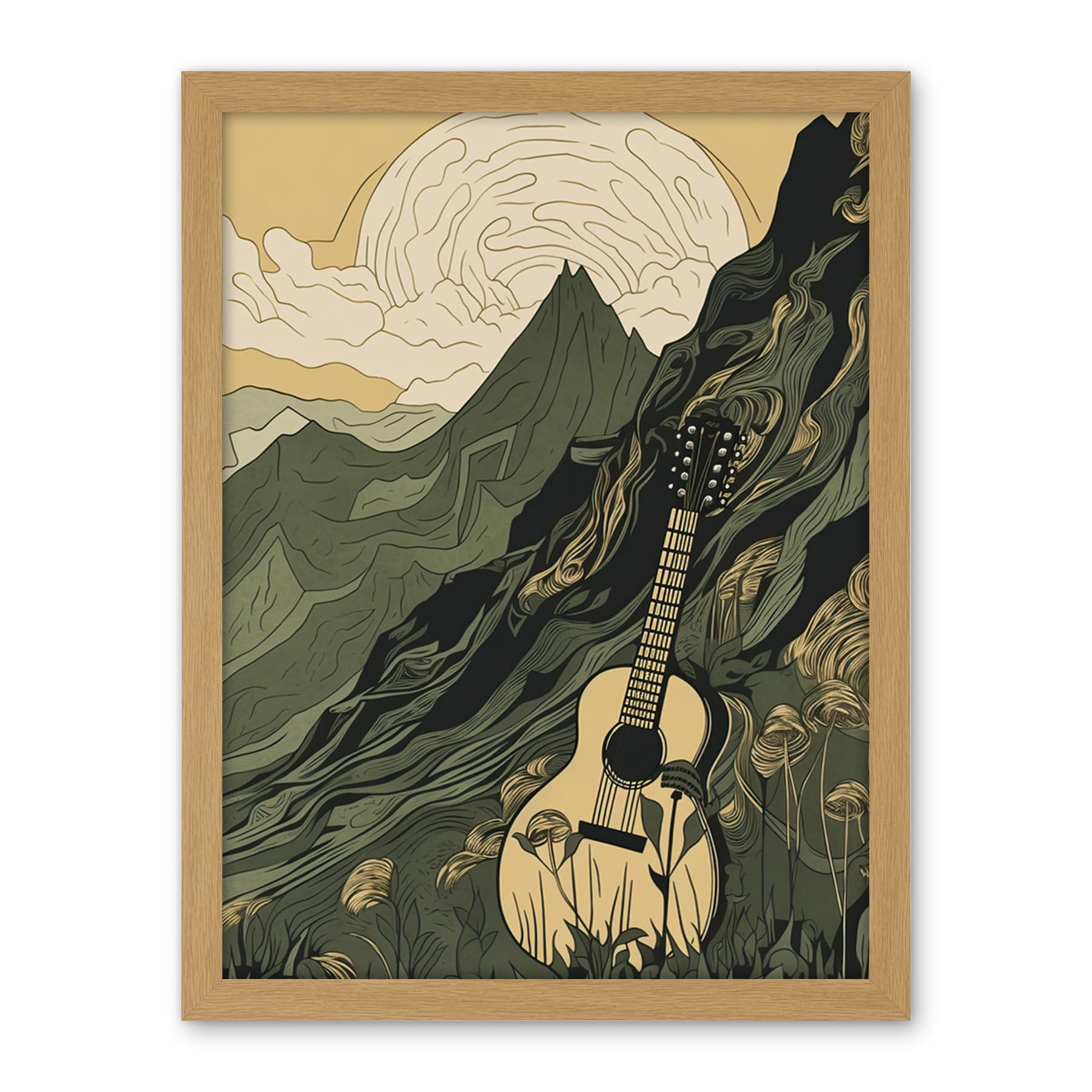 Artery8 Guitar on Mountain Landscape Morning at Campsite Artwork Framed Wall Art Print 18X24 Inch