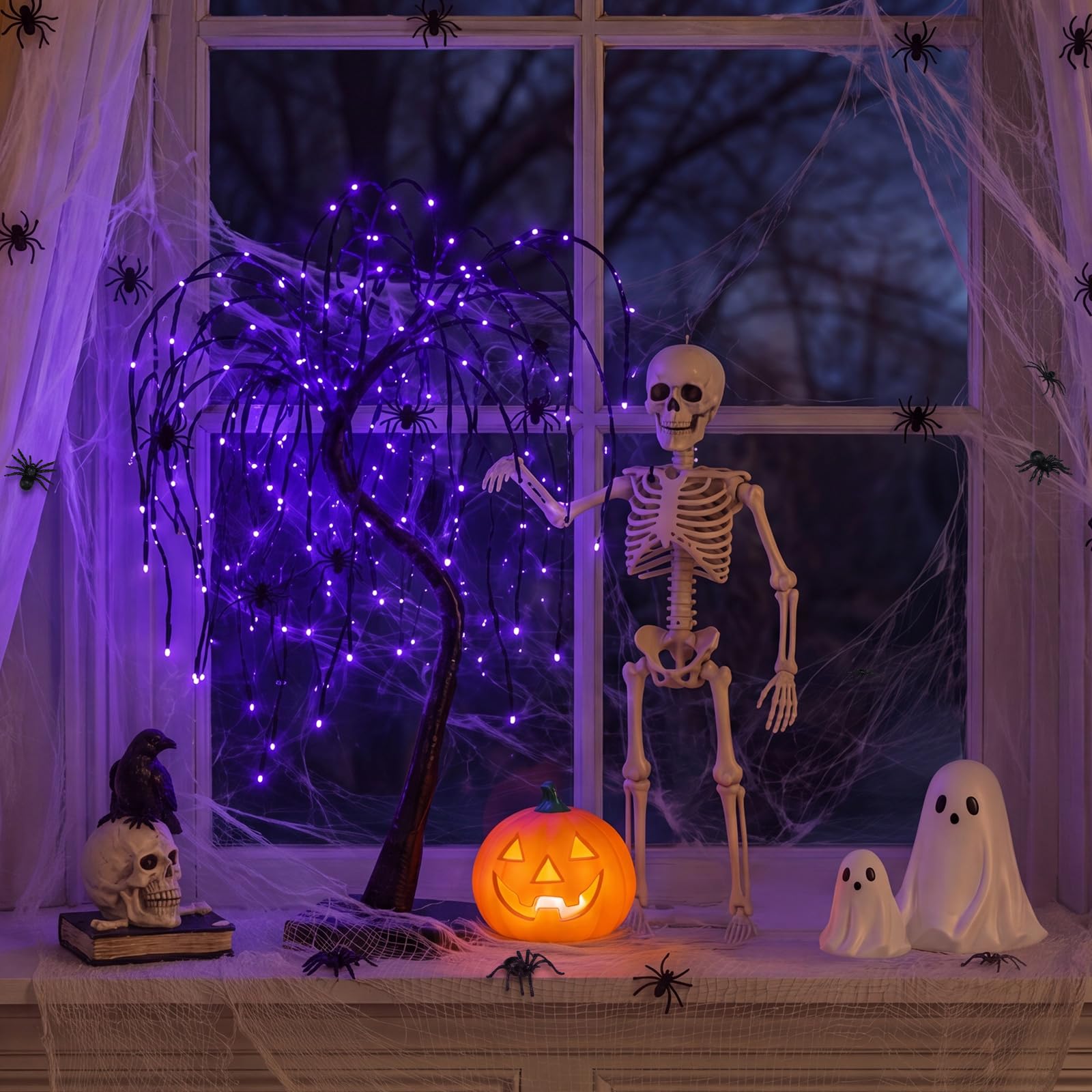 Woanger Juego de 34 decoraciones de Halloween de 20 pulgadas, luz LED púrpura de sauce, esqueleto, cuervo, calavera, estatua, fantasma, figuras de calabaza, telaraña con arañas para Halloween