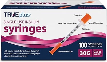 TRUEplus Single-Use Insulin Syringes, 30G 0.3cc 5/16 Inch Needle Length, 100 Count (10 Packs of 10)
