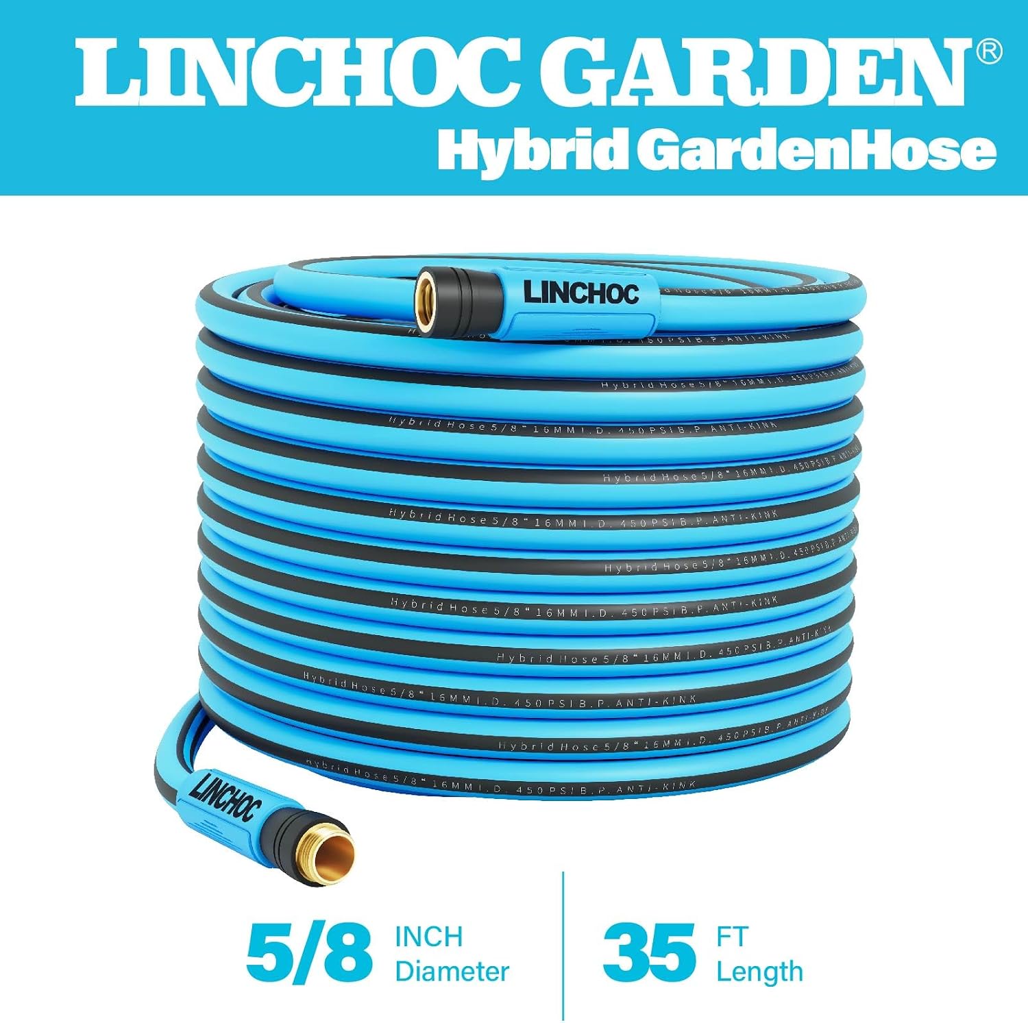 35 FT Hybrid Garden Hose 5/8-Inch - Kink-Resistant, Burst 450PSI, Lightweight Heavy Duty All-Weather for Spacious Yards, Large Flower Beds & Multi-Section Gardens