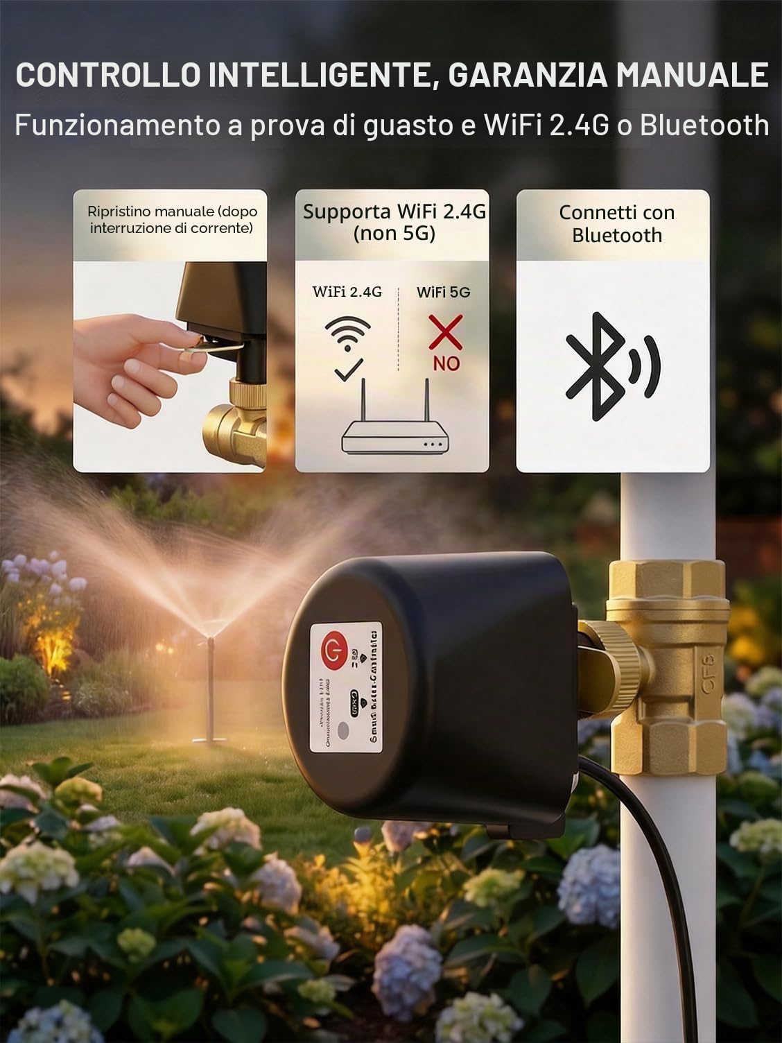 Valvola Acqua Smart WiFi in Ottone, Sfera Motorizzata con Timer e App, Alexa/Google Home, per Irrigazione Giardino, Piscina, Serra e Idroponica, 3/4 Pollice