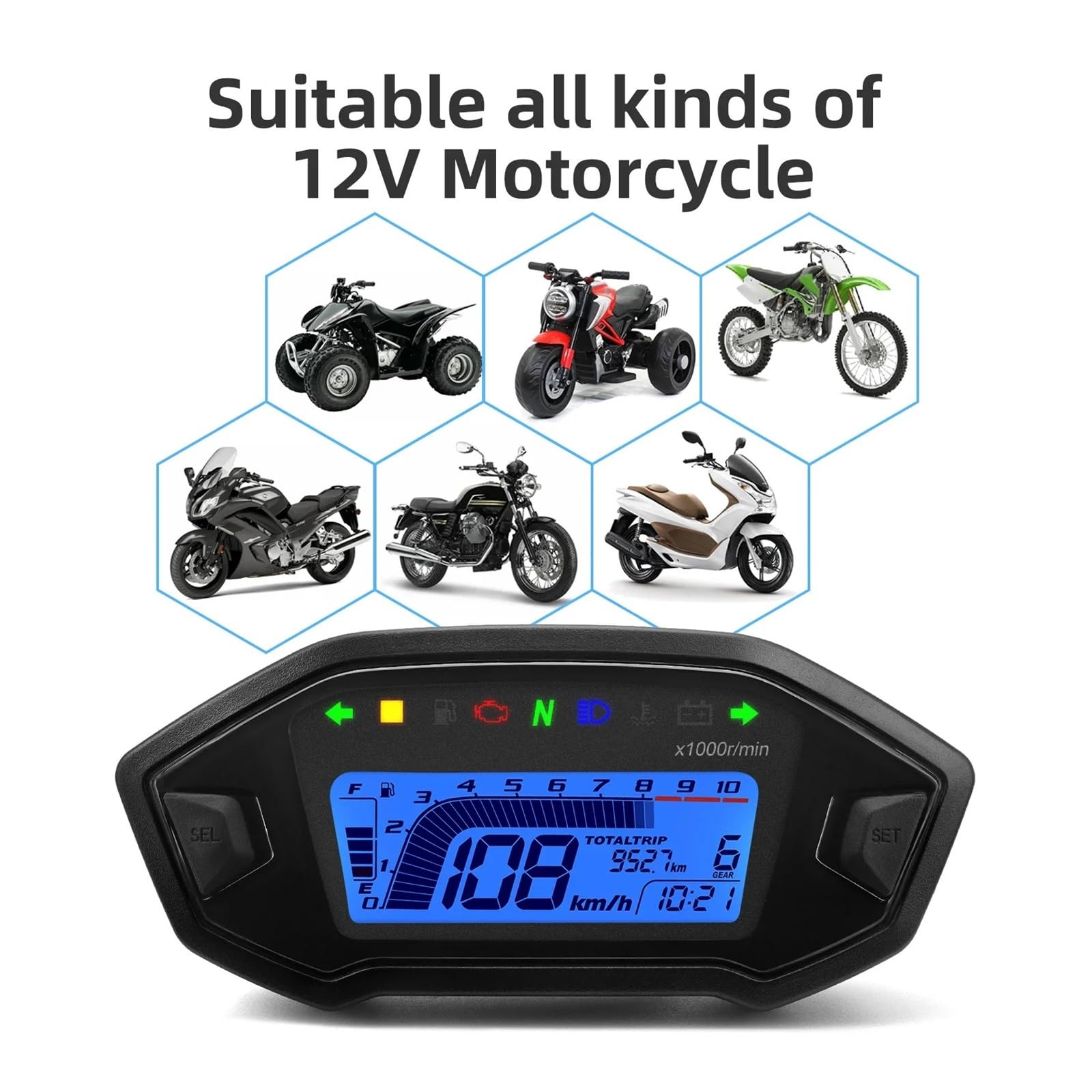 Moto Odómetro Tacómetro Velocímetro Digital Universal para Motocicleta, Medidor De Panel, Tacómetro, Odómetro, Nivel Combustible, Temperatura del Agua para 2,4 Cilindros