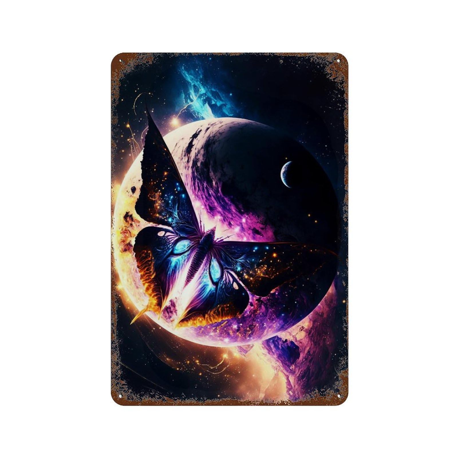 Rusty Metal Tin Sign Cosmic Butterfly Nebula 11.8"x7.9", Vintage Wall Decor for Shed, Workshop And Garage Wall Decor