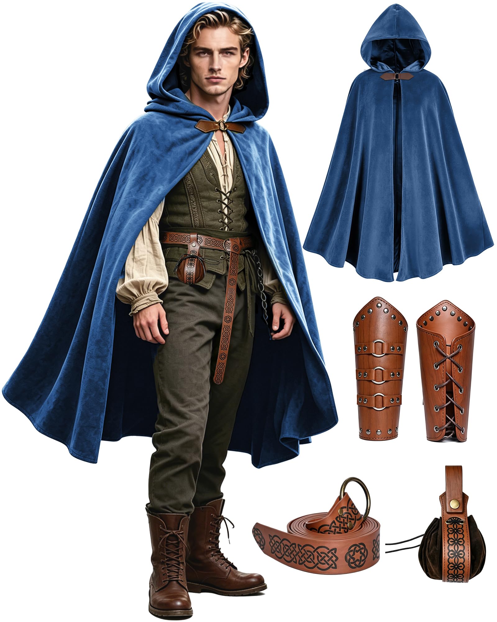 FJKVKDT Medieval Viking Hooded Cloak Set for Men Women, Renaissance LARP Costume with Faux Leather Embossed Belt, Bracers & Pouch (Blue, One Size)