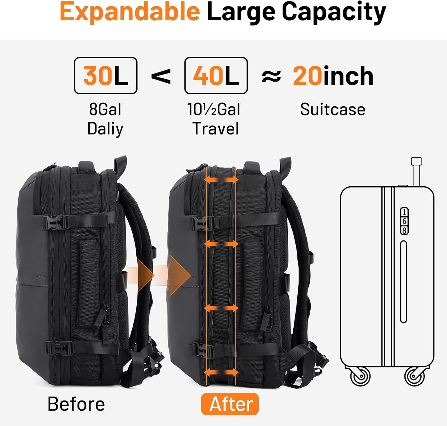 Laptop Backpack for Long Travel with 30-40L Expandable Large Capacity Water-resistant Black 1800D Oxford Fabric Lamination Fabric