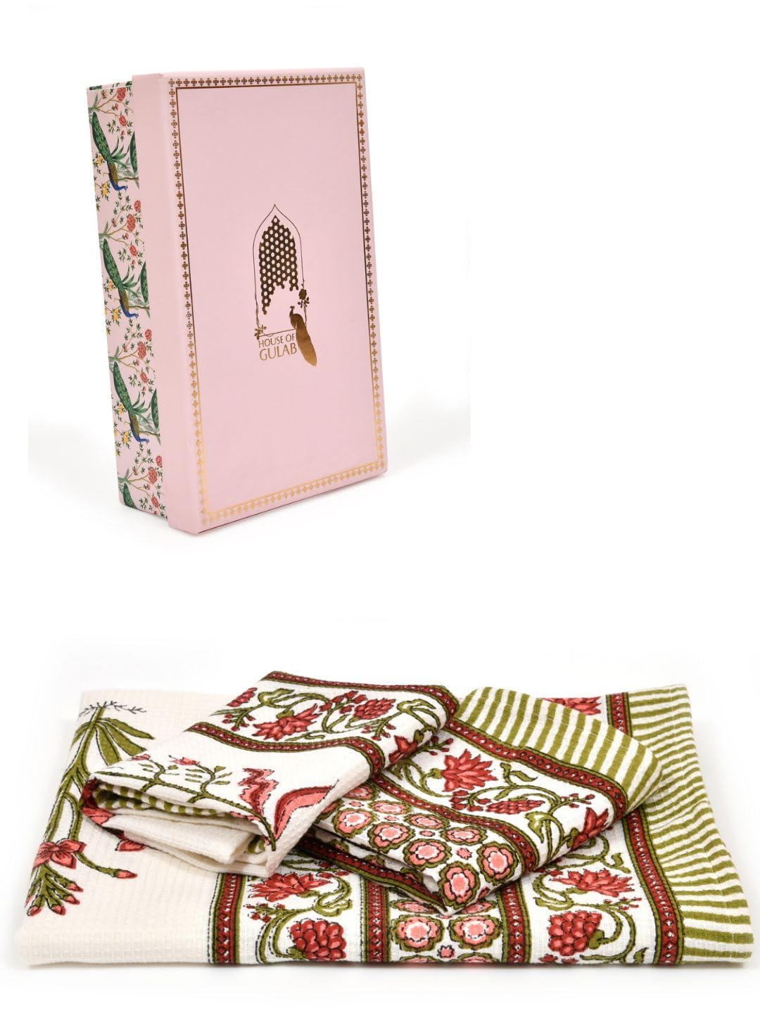 Cotton Bath & Hand Towel, Hand Block Printed for Bathroom, Quick Drying for Men & Women, Eco Friendly With Gift Box, Ideal for Daily Use (White, Red & Green)-image-40