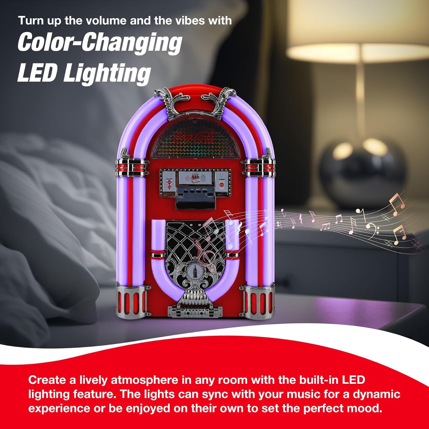 The Coca-Cola Jukebox Bluetooth Speaker with its LED lights illuminated in a purple hue, creating an ambient glow in a dimly lit room.