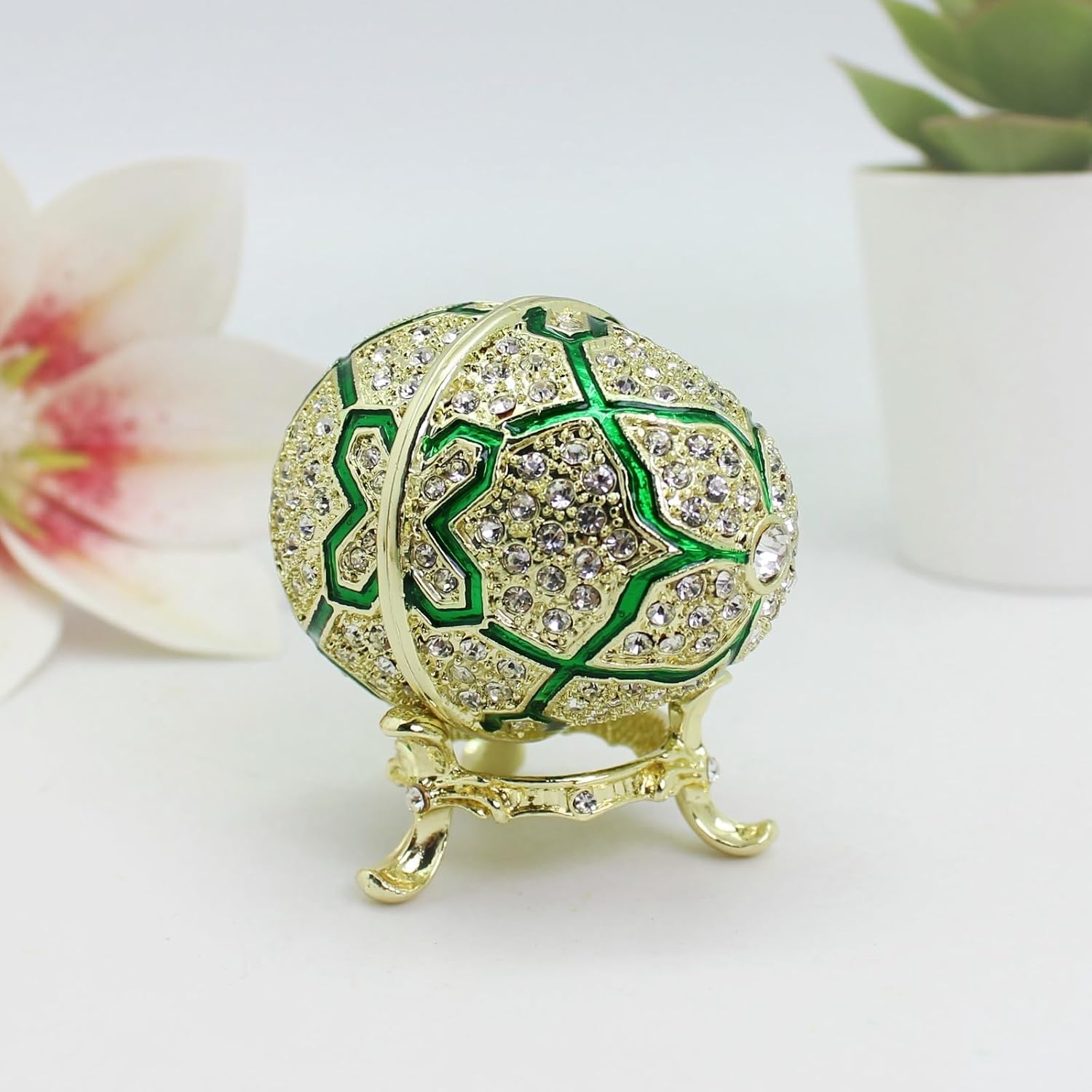 Russian Easter Egg Jewelry Box Hand-Painted Enamel Decorative Trinket Box with Hinged, Vintage Home Decor Family Keepsake Gift for Easter Holidays Green image 2